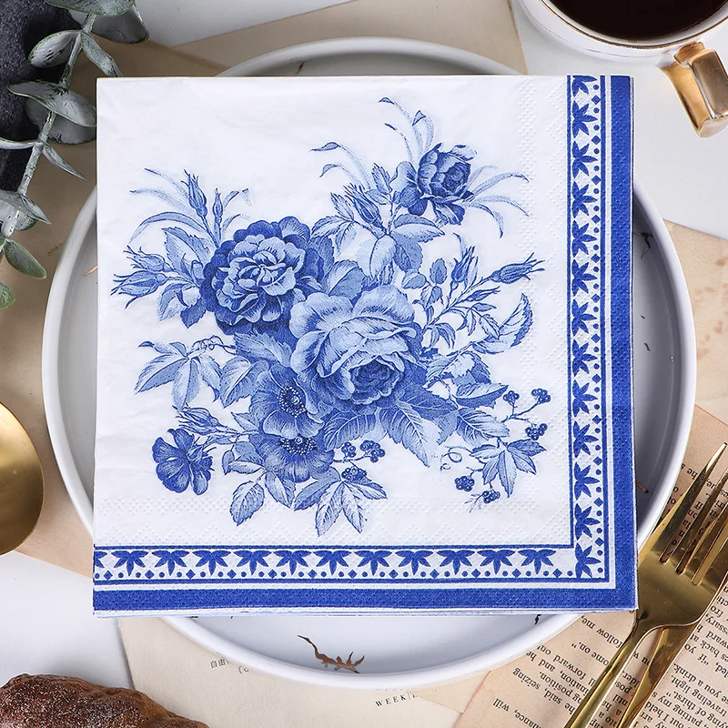 20Pcs Vintage Blue and White Porcelain Decoupage Paper Napkins Flowers Paper Tissues for Party Tableware Decor Wedding Supplies