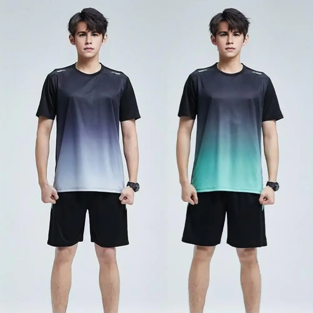 Men Summer Casual Outfit Men's Summer Casual Outfit Set O-neck Short Sleeve T-shirt Elastic Waist Wide Leg Shorts in Gradient