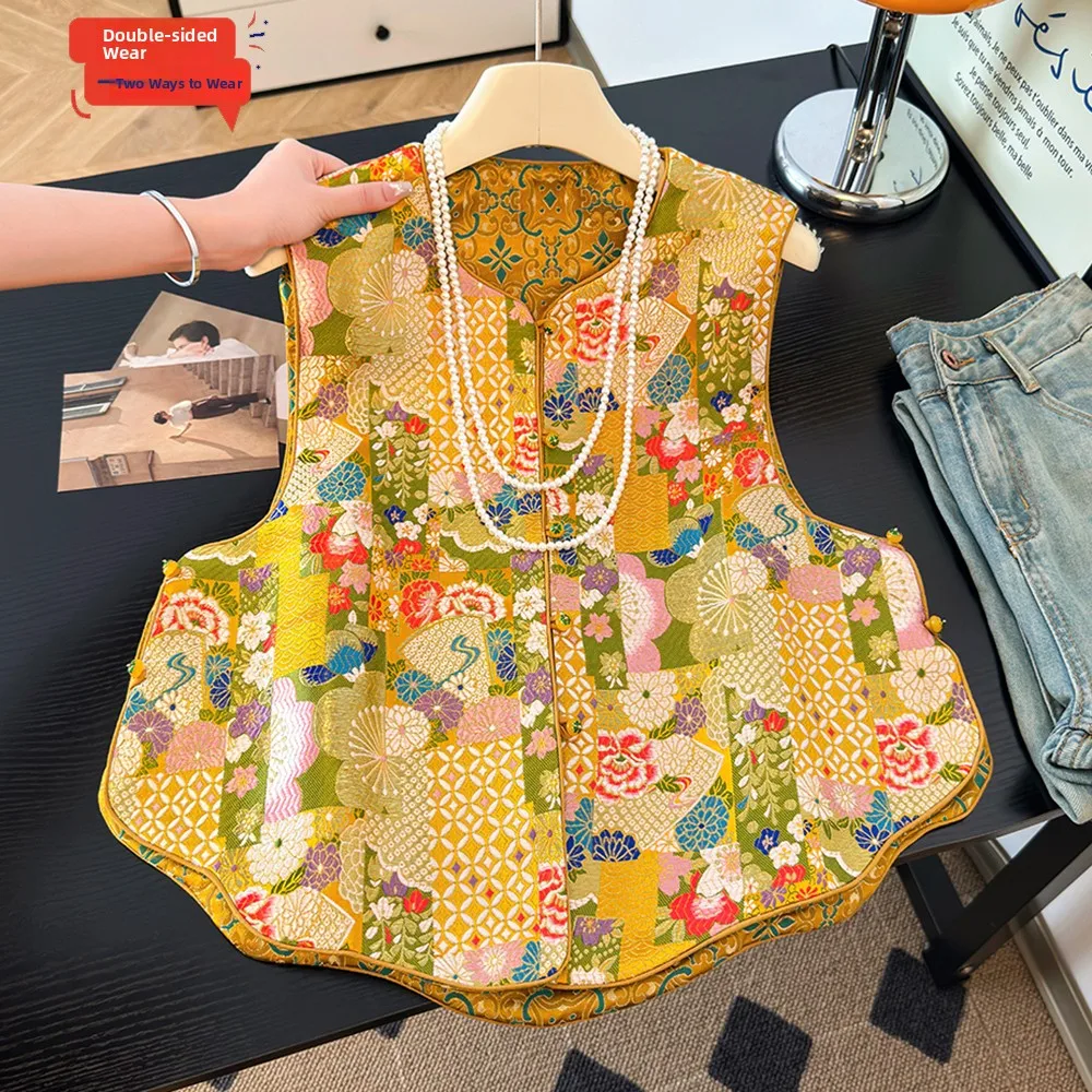 Double-Sided Floral New Chinese Style Versatile Four-Season New Model Double-Wear Vest Women's Jacket Outerwear Polyester Fiber