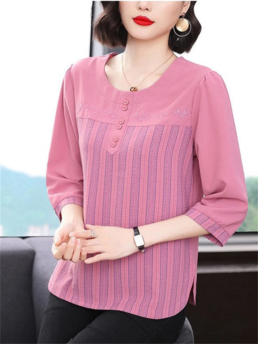 5XL Women Spring Summer Blouses Shirts Lady Fashion Casual Half Sleeve O-Neck Collar Stripe Embroidery Blusas Tops TT2245