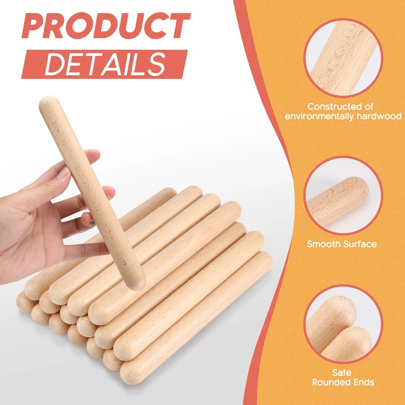 8 Pairs Classical Wood Claves Musical Percussion Instrument Natural Hardwood Rhythm Sticks Percussion Rhythm Sticks Children Mus