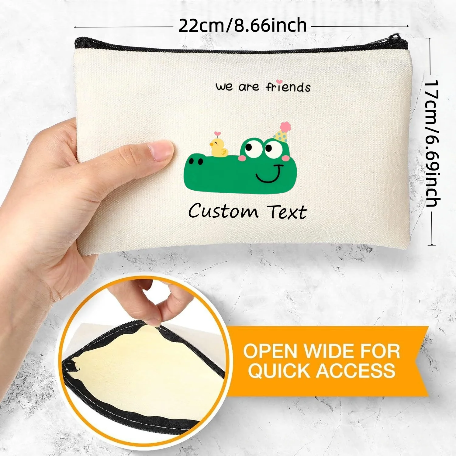 1PC Custom Text We Are Friends Crocodile & Chick Cosmetic Pouch Cute Cartoon Zipper Makeup Bag Personalized Canvas Storage Gift