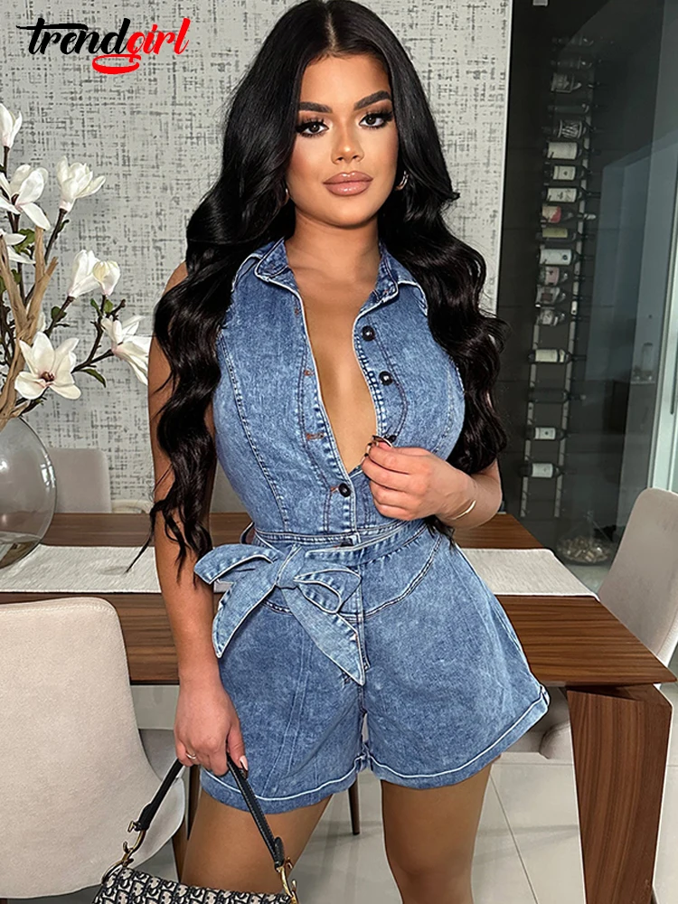 

Trendgirl Sleeveless Button Jean Rompers Playsuits with Sashes Women Blue Stretch Denim Short Jumpsuit Birthday Club One Pieces