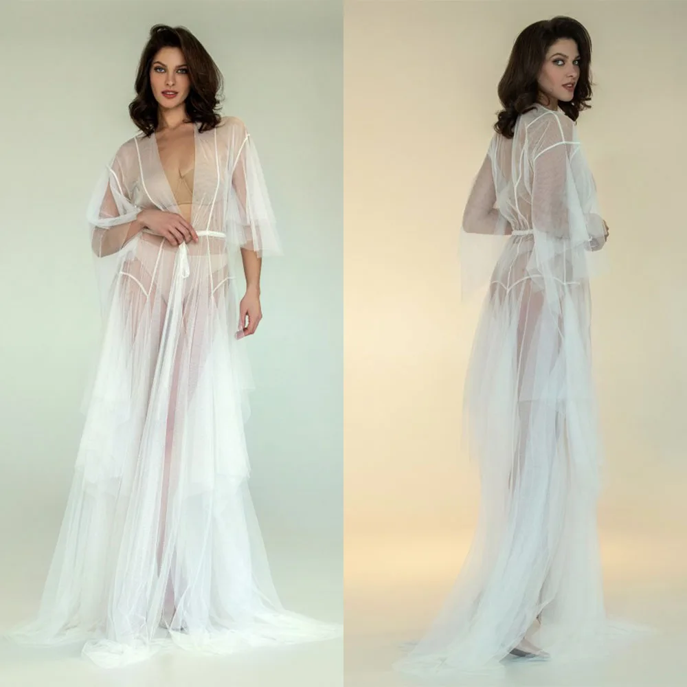 2022 New Sexy Lllusion Women Sleepwear Dress Belt V-neck Full Sleeve Custom Made Ruched Tulle Lllusion Bathrobe Floor-Length