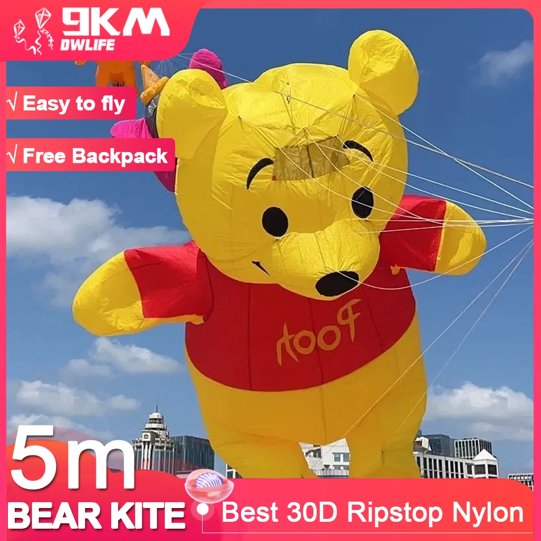 9KM 5m BEAR Kite Line Laundry Kite Soft Inflatable Show Kite Pendant 30D Ripstop Nylon with Bag for Kite Festival