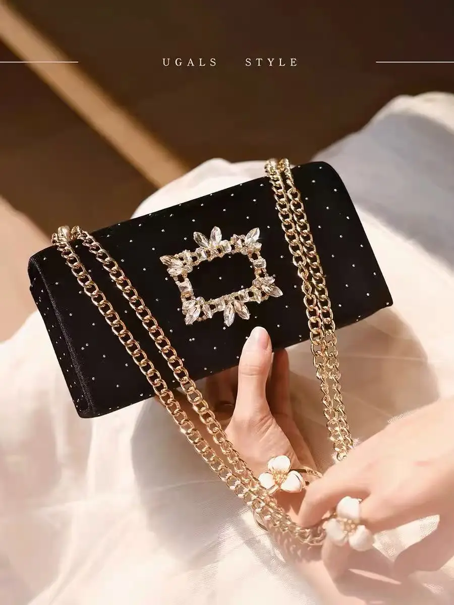 

Fashion Velvet Square Bag Glitter Shiny Diamond Women Handbag High Quality Luxury Clutch Purse Shoulder Crossbody Chain Bag