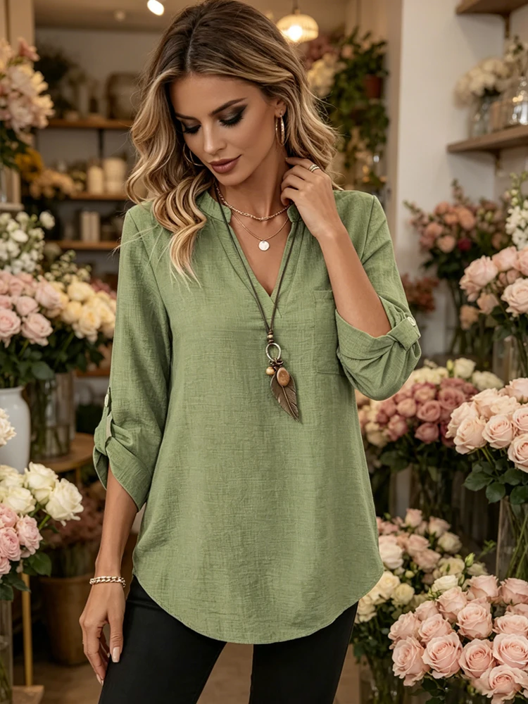 

2026 V-neck Casual Loose Spring Women Blouse Three-quarter Sleeve Solid Color Pocket Simple Tops Elegant Fashion Pullover Shirts