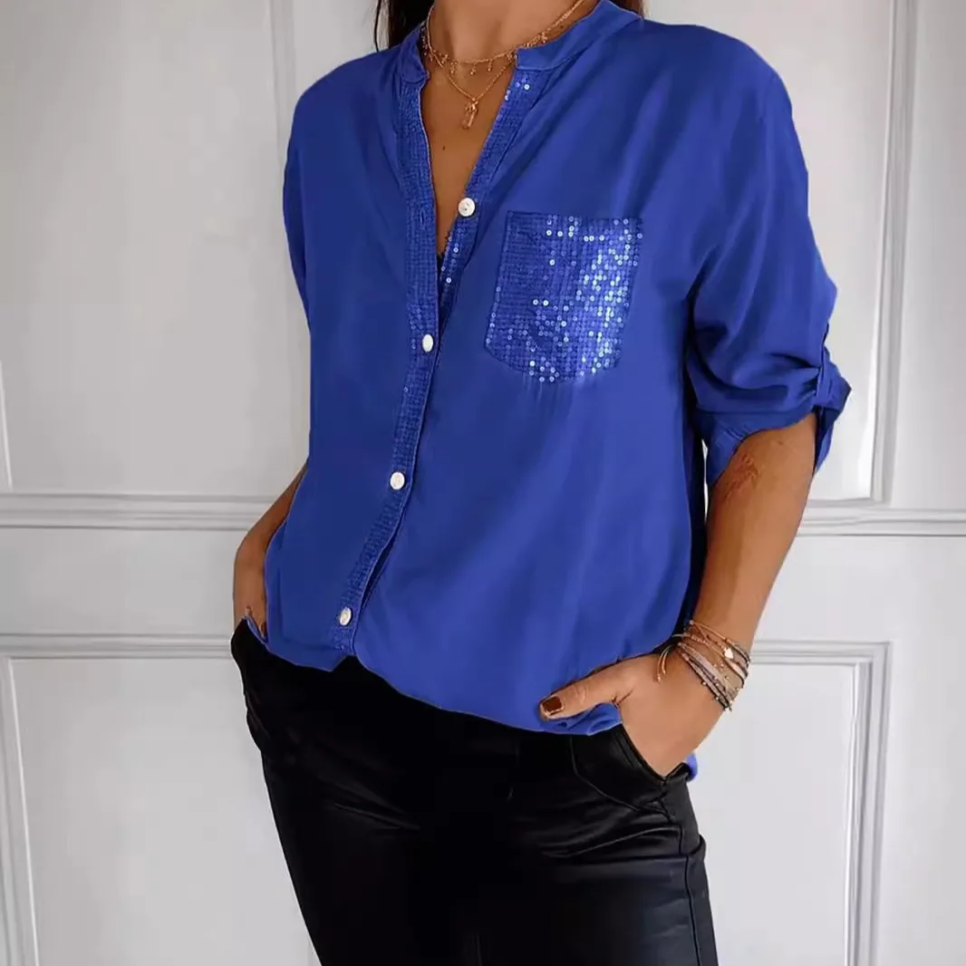 V-neck Sequin Splicing Long-sleeve Casual Shirt Women Blouses Autumn Casual Loose Collar Button Pocket Office Ladies Clothes