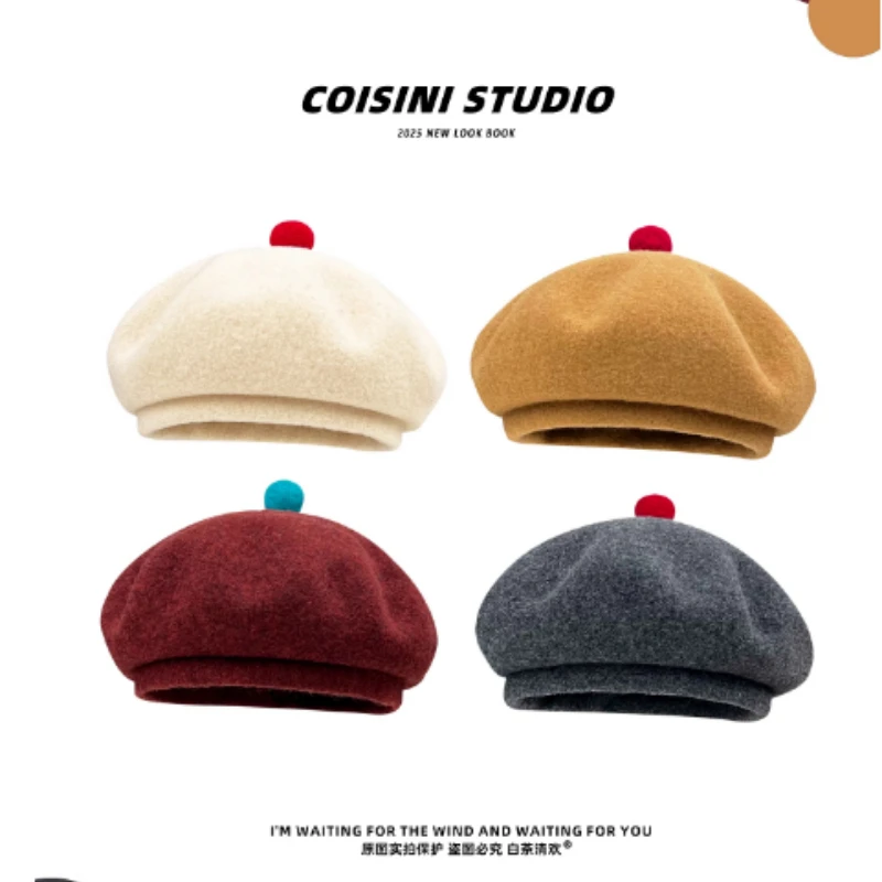

Корейские простые и милые шерстяные береты с помпонами, женские осенне-зимние теплые универсальные темпераментные купольные шапки художника