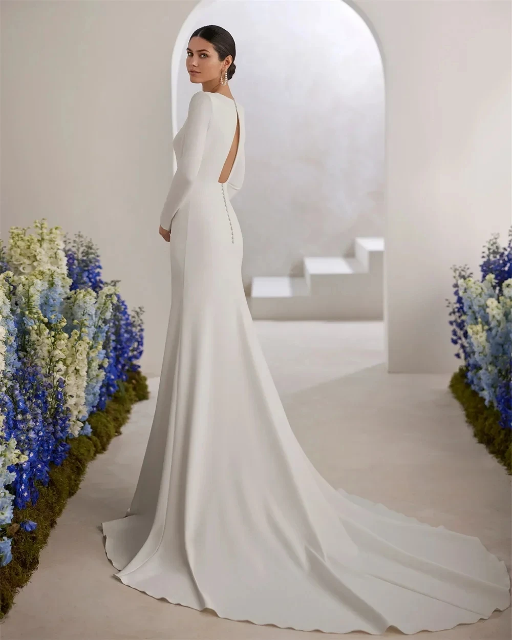Elegant Mermaid Wedding Dresses 2026 Square Collar Long Sleeve Backless Soft Satin Bridal Gowns Dress Vestidos De Noiva