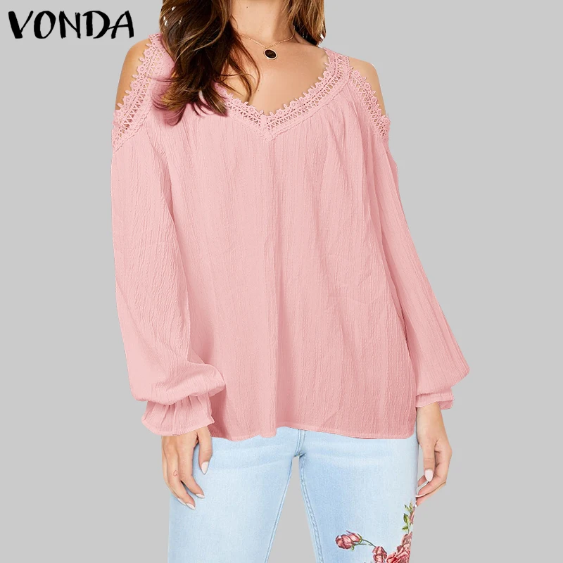 

Plus Size 5XL VONDA Women Lace Patchwork Blouse 2026 Spring Long Sleeve Off Shoulder Tops V-neck Shirt Casual Loose Solid Blusas