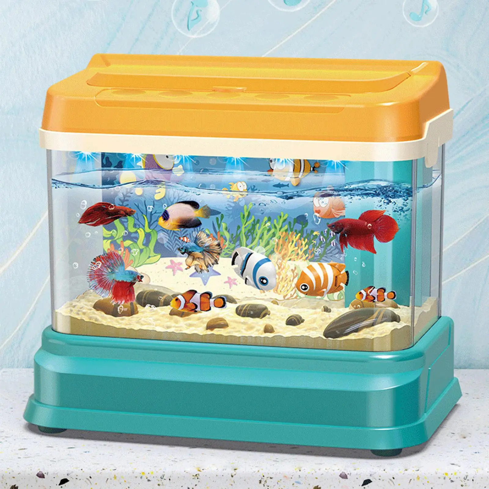 Artificial Fish Tank with Moving Fish with USB light Motor Skill Training Small Aquarium for Toddlers Kids Children