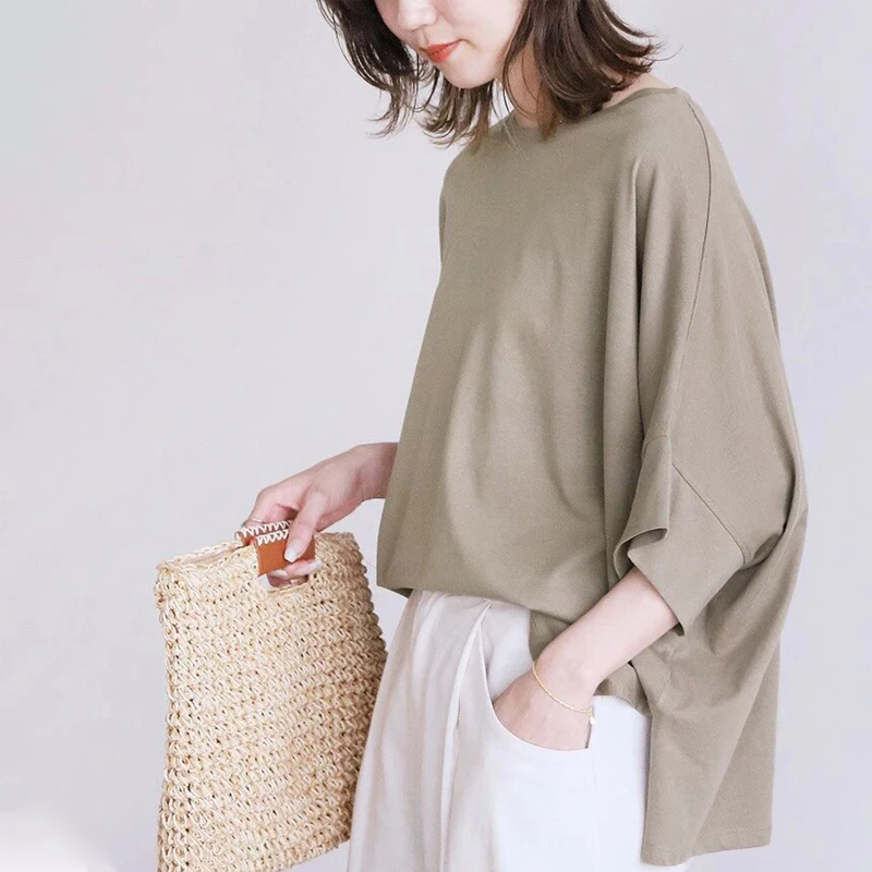 

Loose Oversized Cotton T-irt Women's Lazy Sle Casual Splitting Top Korean Sle round Ne Seven Sve Summer irt