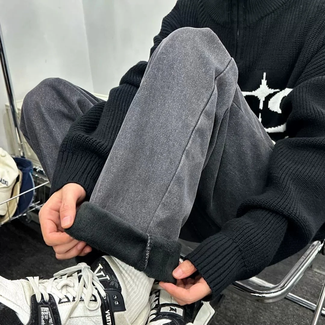 

Зимние джинсы Thiened Fce, мужские джинсы с эластичной резинкой на талии, модные свободные широкие брюки, прямые длинные брюки, повседневная одежда