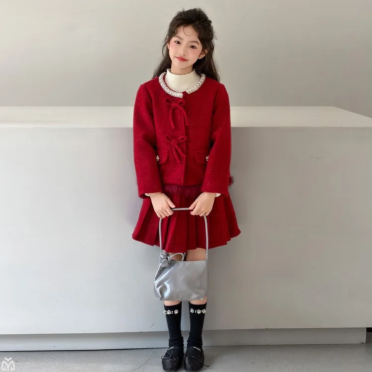 4-14 French design teen girls clothes set Pearl collar Down coat+pleated skirt 2pcs junior kids skirts suit child outfits