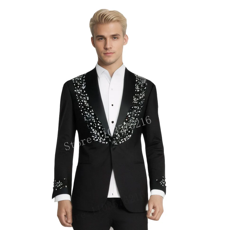 

B31 Fashion Crystals Beaded Suits Men For Wedding Single Breasted Blazer Sets Tailore Made 2 Pieces Groom Wear Tuxedo