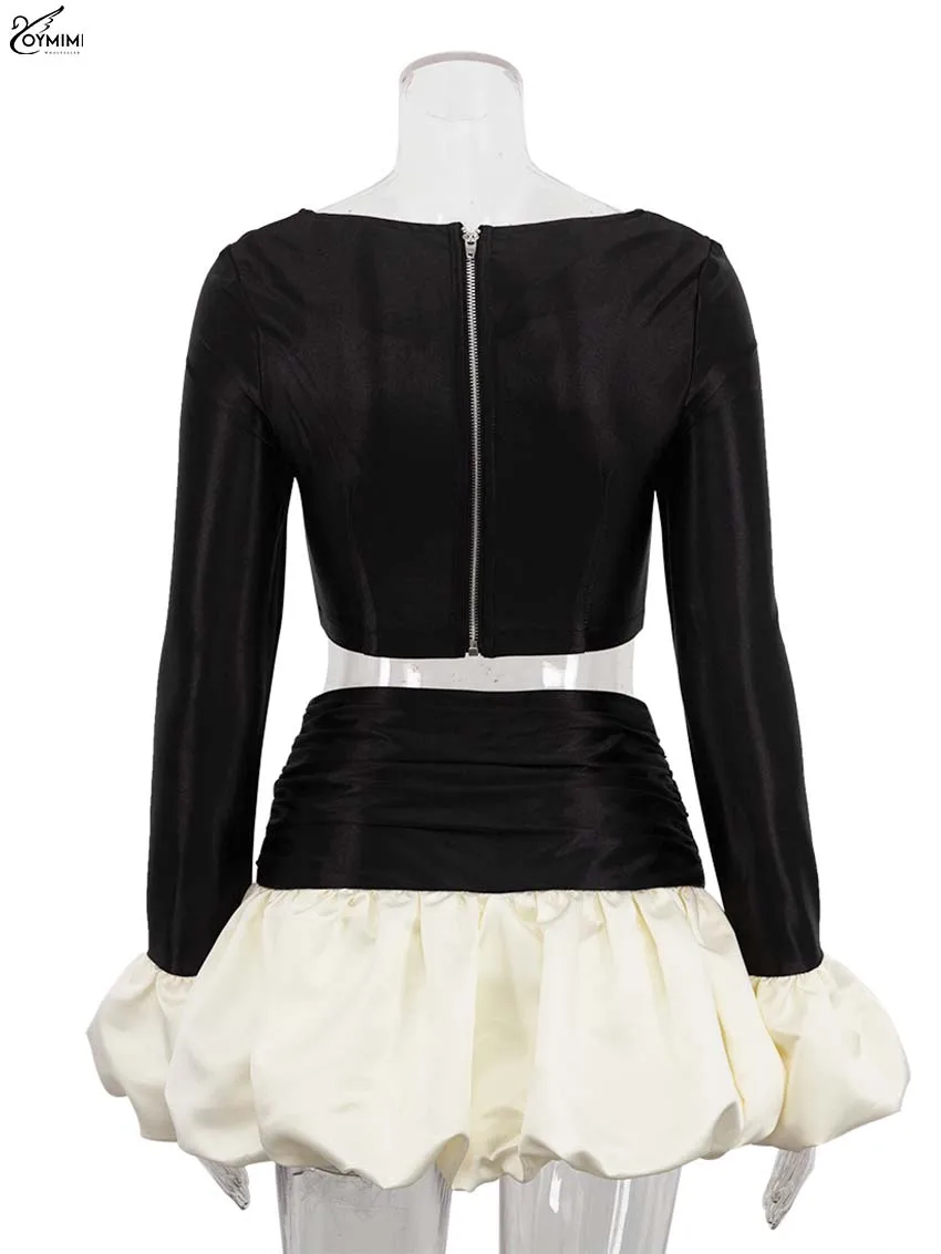 Oymimi موضة الساتان الأسود 2 قطعة مجموعات ملابس امرأة أنيقة طويلة الأكمام المرقعة سستة المحاصيل القمم ومطوي التنانير الصغيرة مجموعة