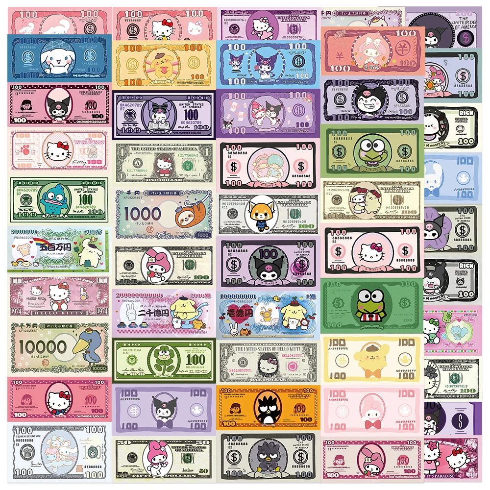 50pcs Funny Paper Money Sanrio Stickers Cartoon Money Dollar Decals DIY Phone Notebook Suitcase Cup Waterproof Graffiti Toys﻿