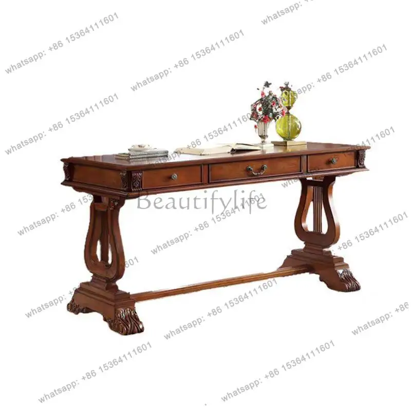 

American retro solid wood desk writing desk engraved decoration advanced sense