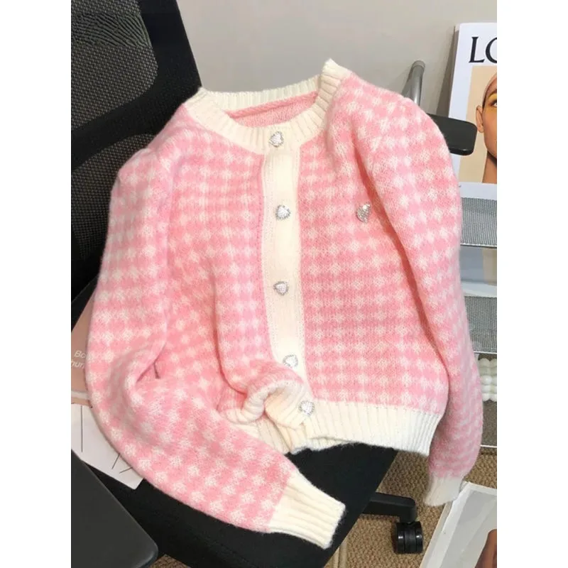 

Sweet O-neck Heart Button Lattice Splicing Pink Cardigan Sweater Fashion Loose Single-breasted Preppy Style Knitted Sweater N524