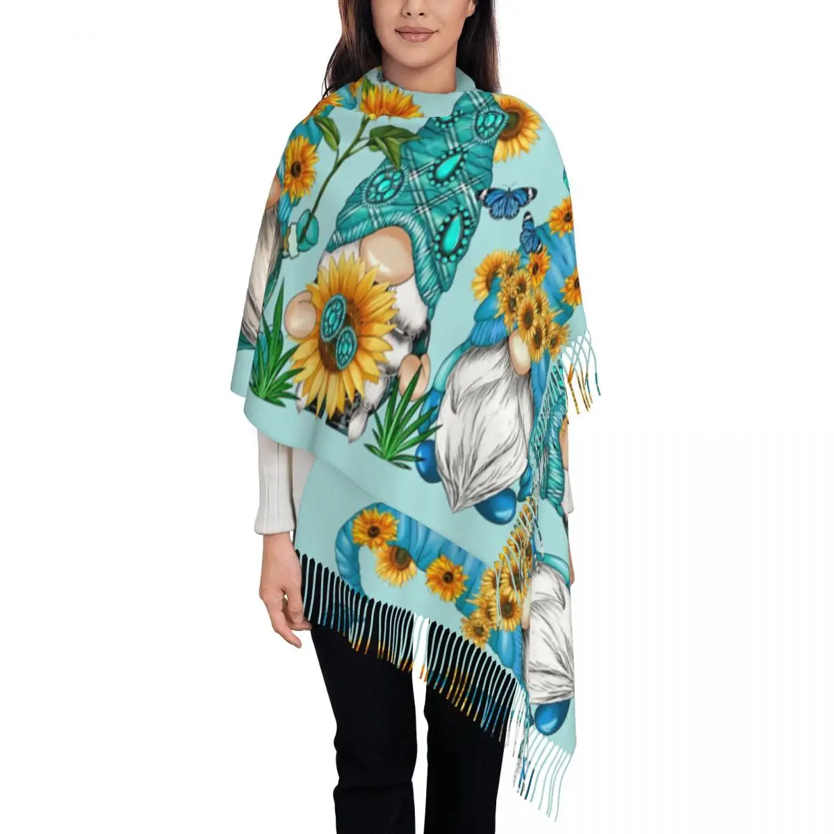 Custom Ladies Large Sunflower Gnomes Scarves Women Winter Fall Soft Warm Tassel Shawl Wraps Scarf