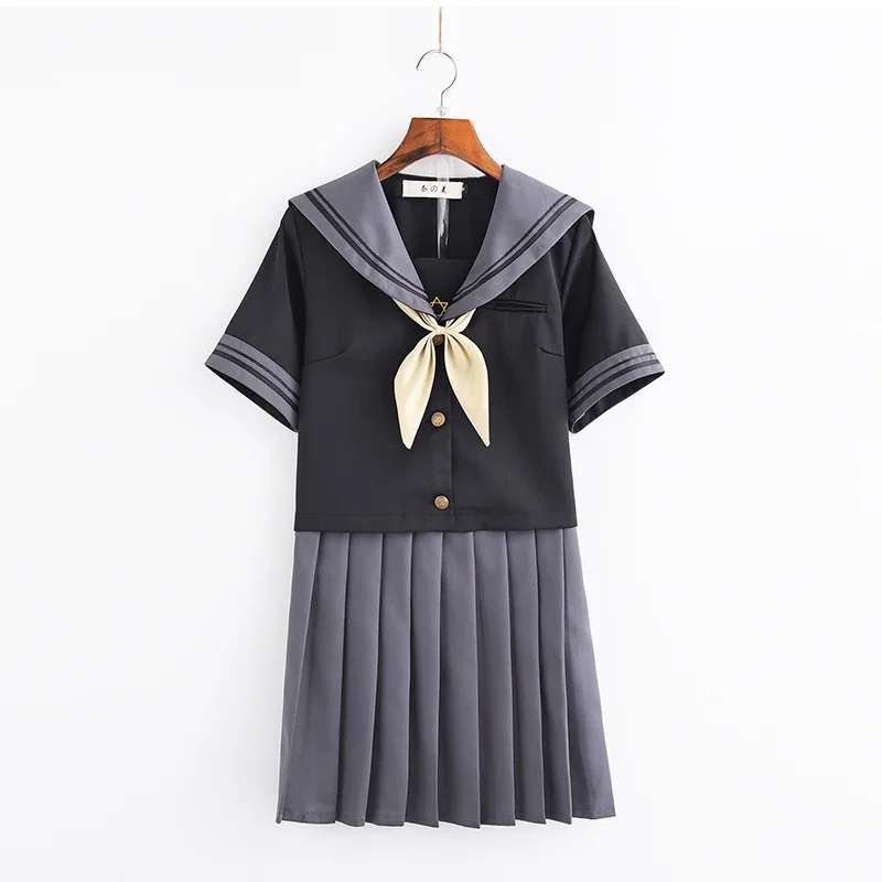 عبر التطريز زي مدرسي المدرسة الثانوية فتاة بحار البدلة تأثيري حلي أسود قصير كم طويل زي أنيمي اليابانية