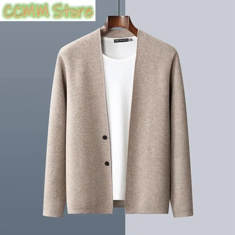 Autumn Winter Men\'s Cashmere V-neck Cardigan Sweaters 100% Merino Wool Knitwear Coat Basic Smart Casual Jacket Korean Clothing