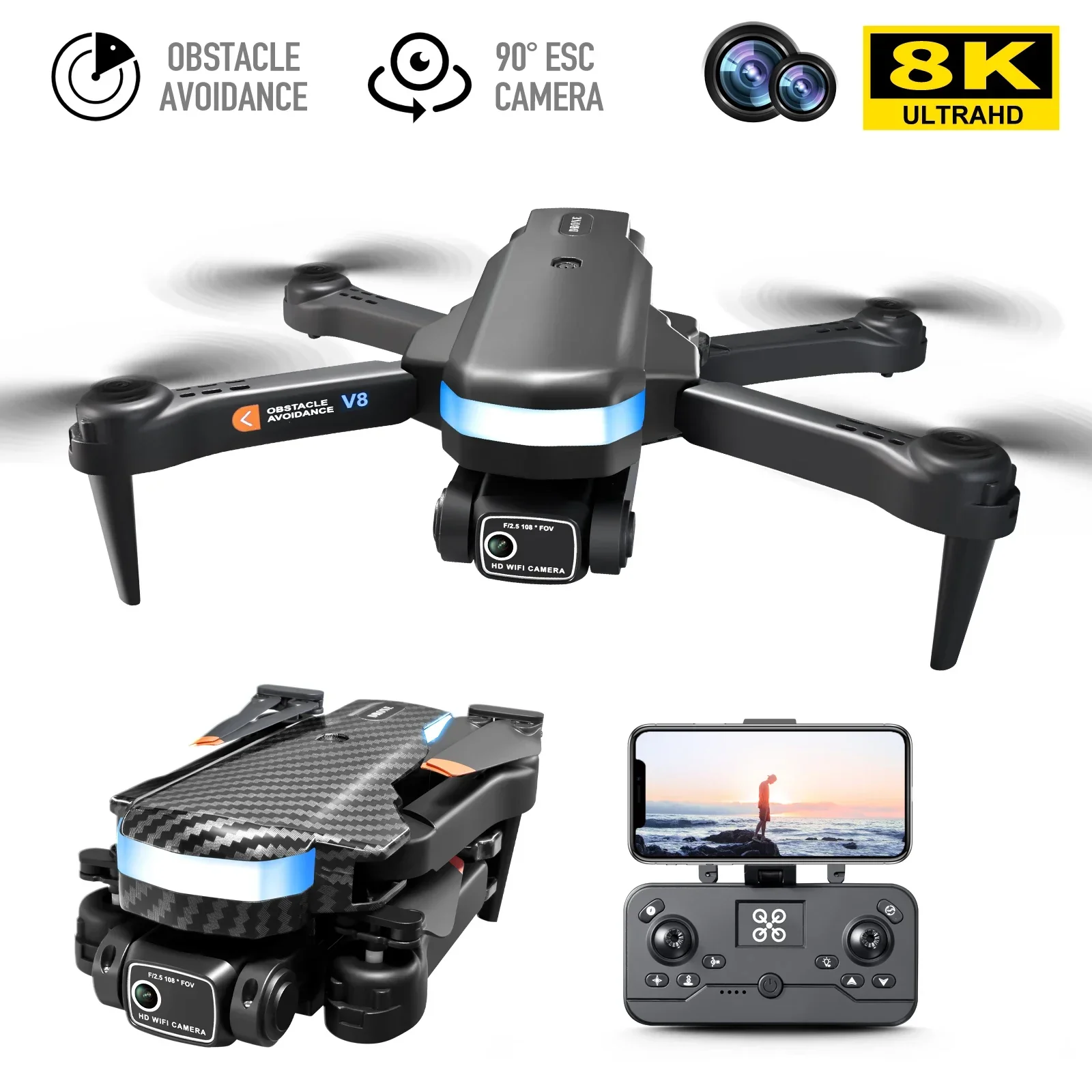 24 New V8 Drone 4k Dual Camera HD Aerial Photography Folding Obstacle Avoidance Optical Flow Positioning Remote-Controlled Dron