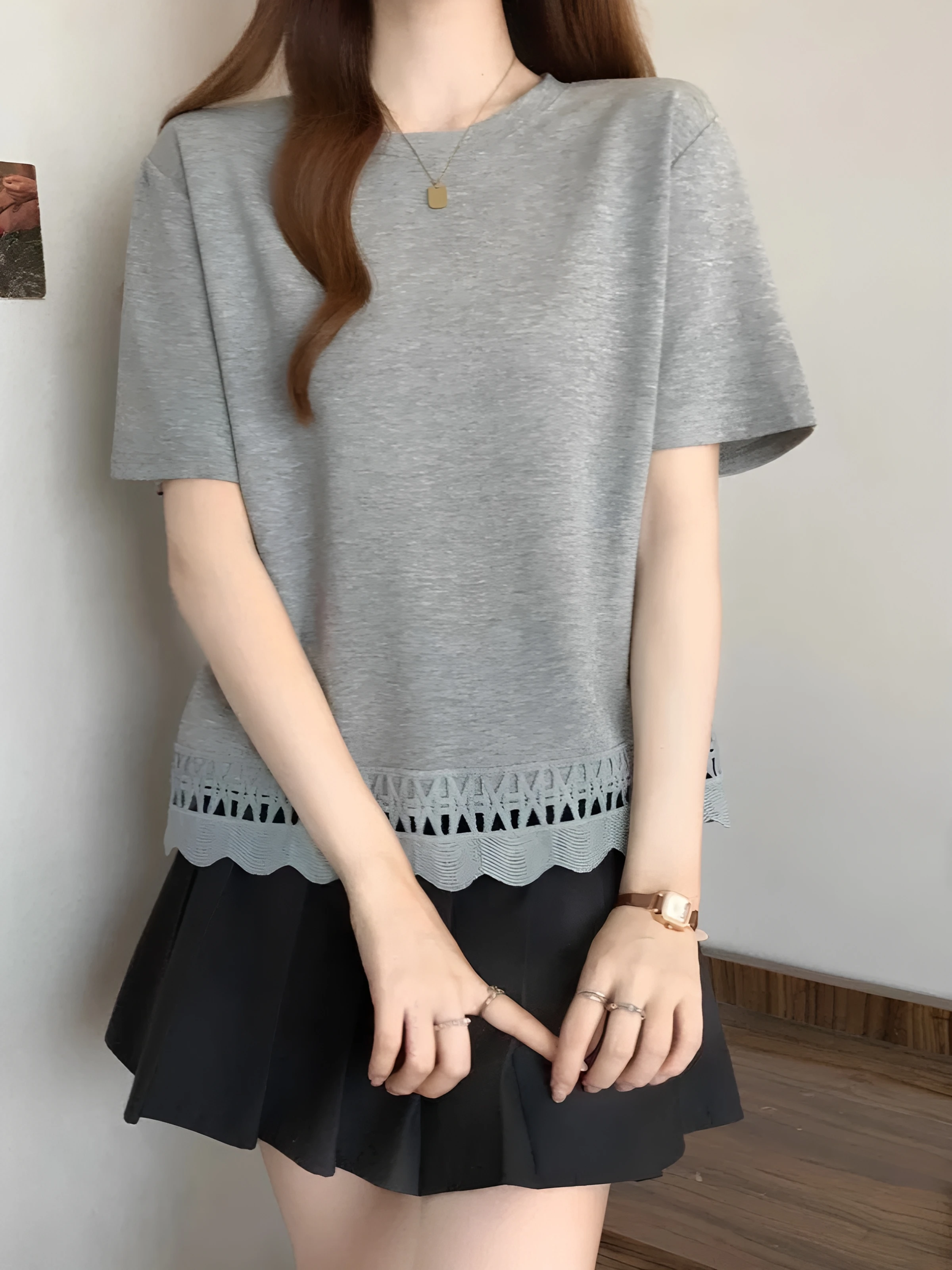 

White Casual Cotton T-Shirt Women's Loose Short Sleeve Lace Splicing Spring Summer New Style plus Size Comfortable Top