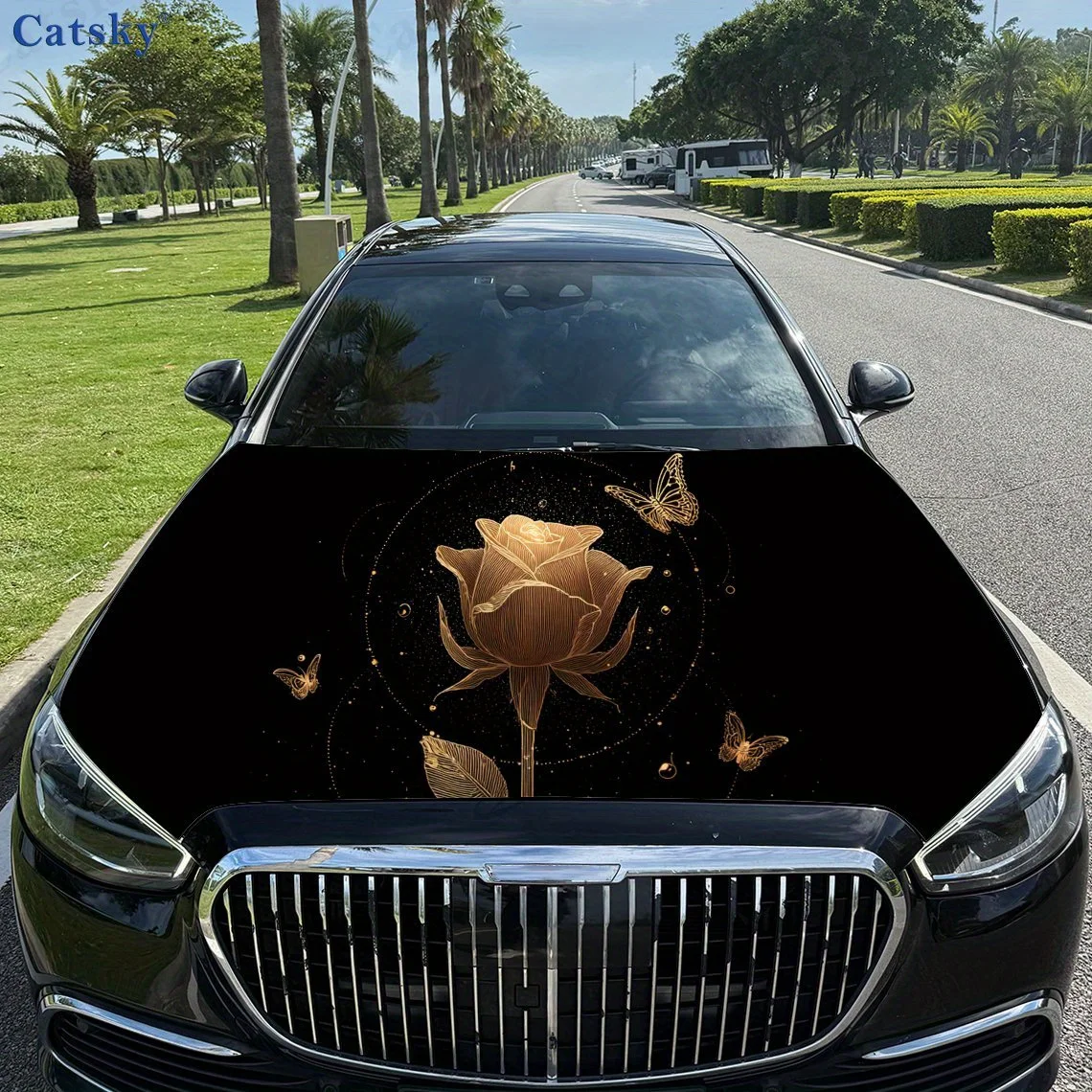 طباعة الورد الذهبي، ملصقات غطاء محرك السيارة، ملصق غطاء السيارة ذاتي اللصق PVC المقاوم للماء، ملصقات حماية تزيين غطاء السيارة، أوتوماتيكي A #1