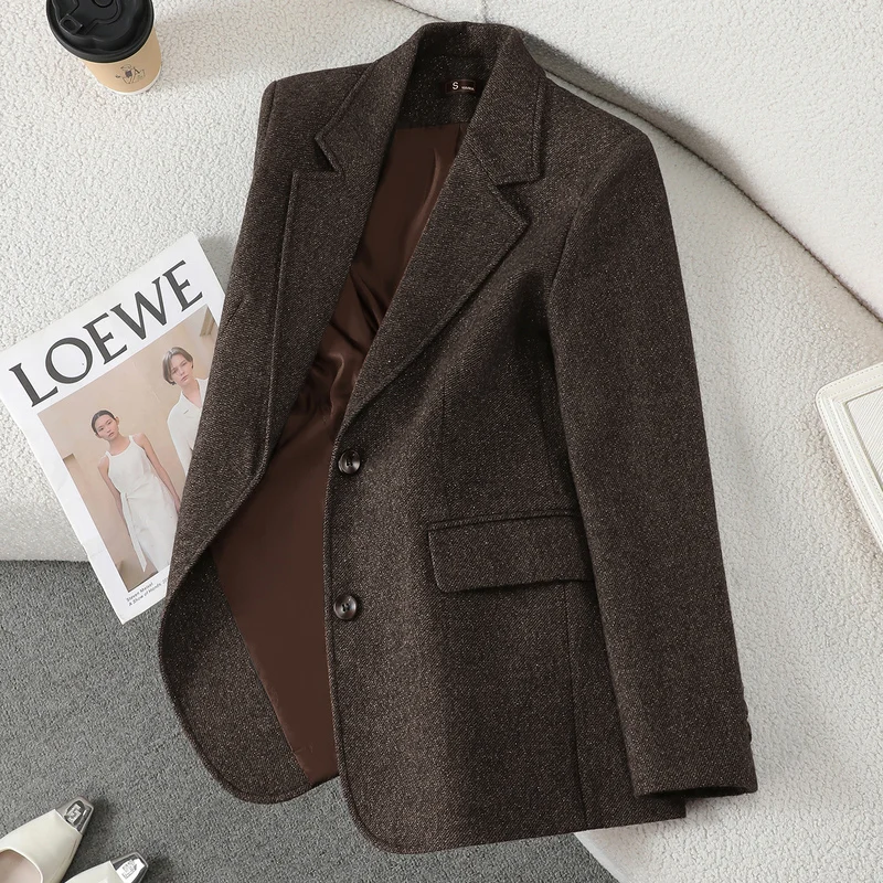 Coffee-colored Wool Blazer for Women, Plus-Size, Thickened Top, Plus Size, High Quality, 2022 Autumn and Winter