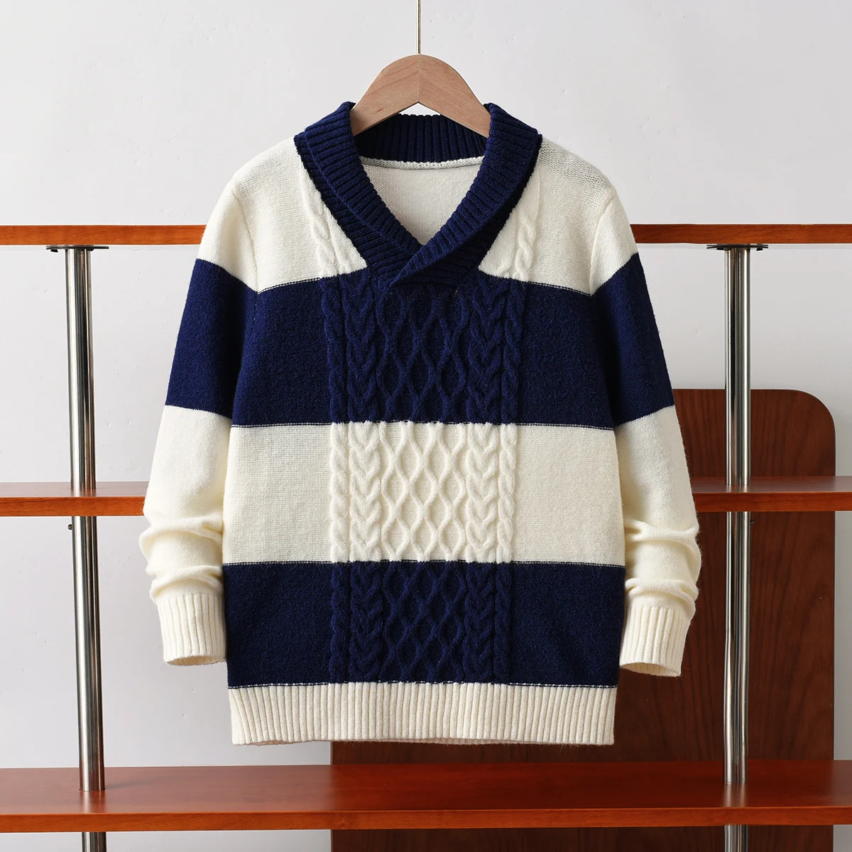 Boys' College Style Fried Dough Twists Intercolor Striped Sweater Knitted Pullover Suitable for School Leisure Spring Autumn Win