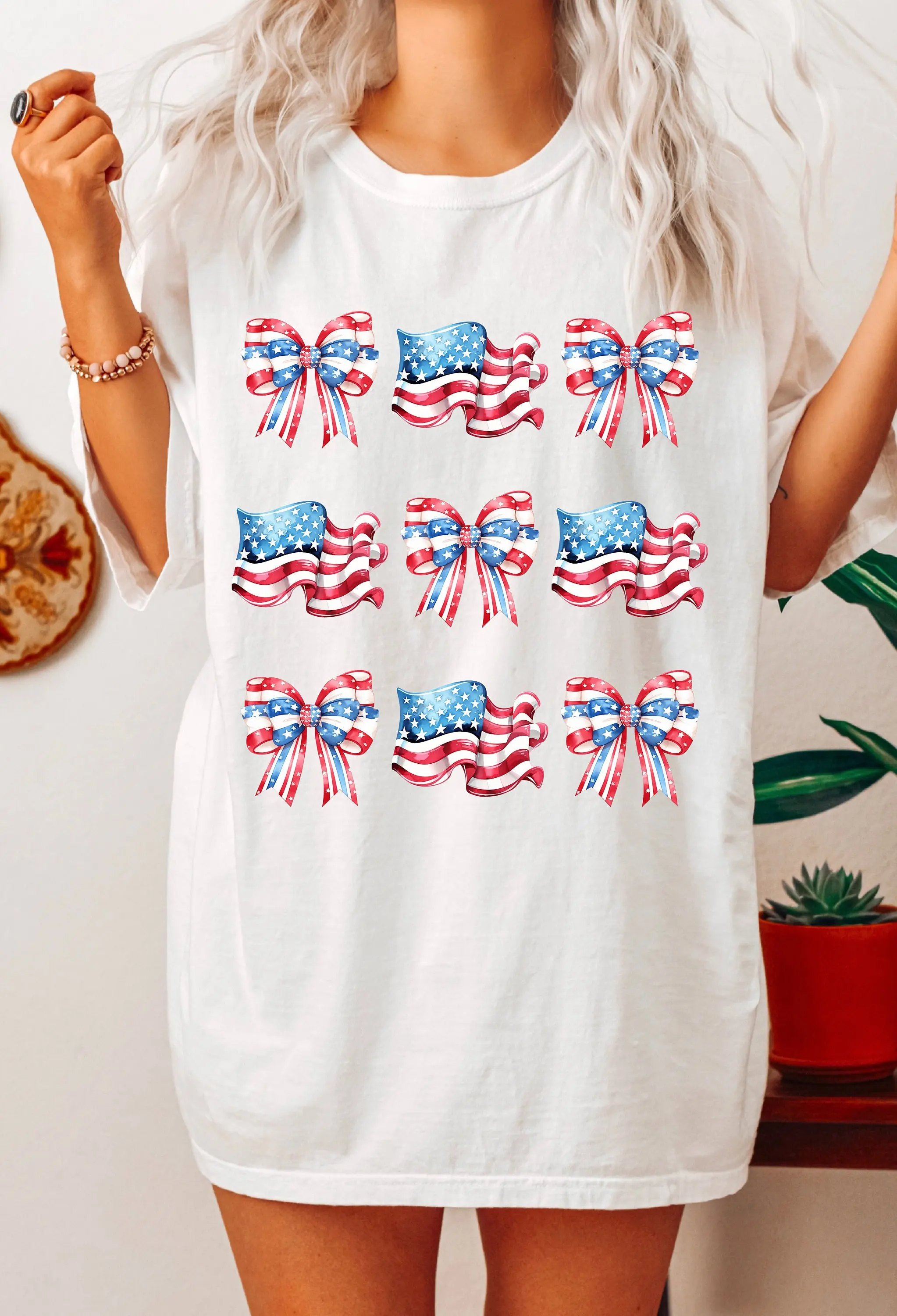 Coquette American Flag T Shirt Red White Blue Bows July 4th Womens USA Fourth of Outfit Memorial Day