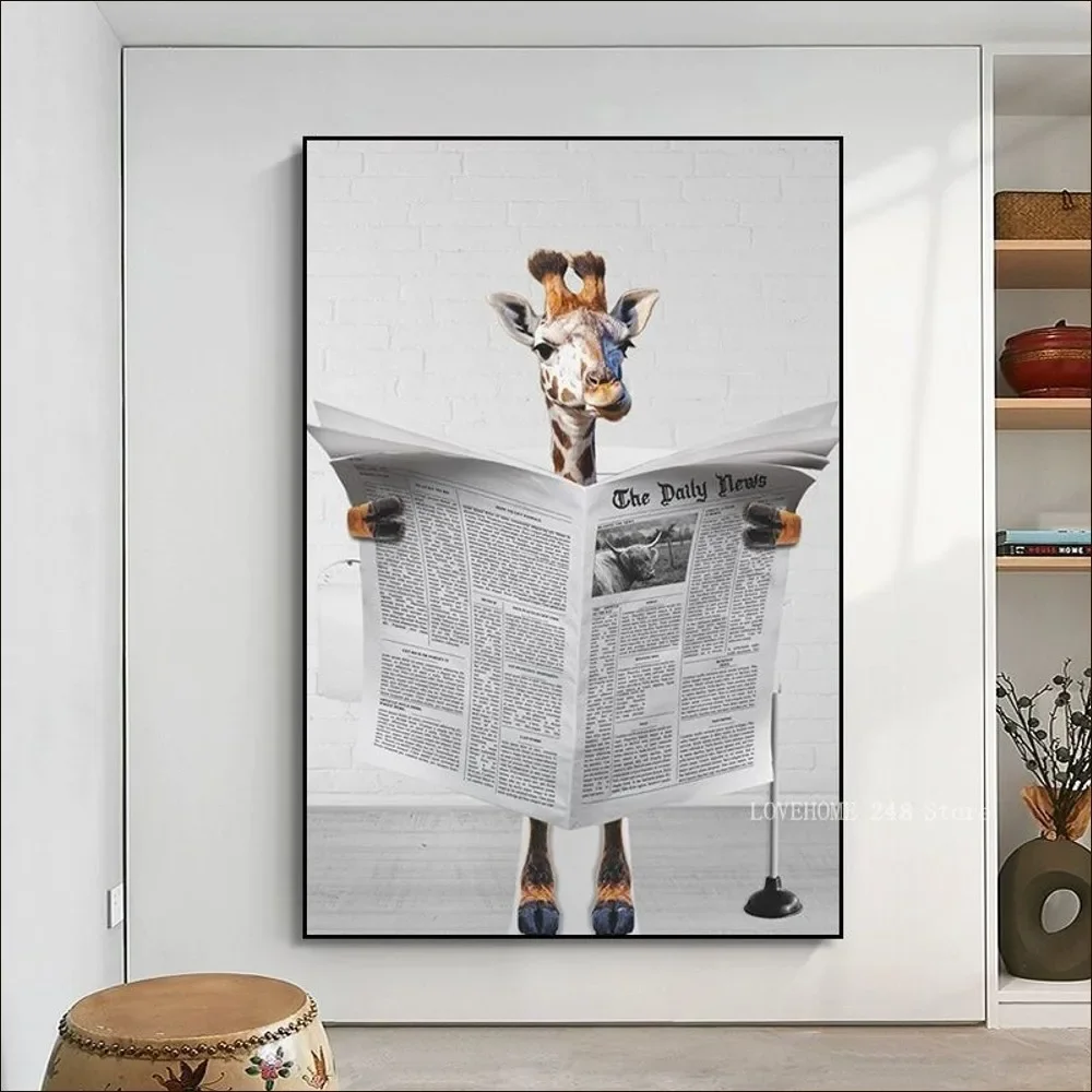 Classic Minimalist Wall Art Funny Animals Reading Newspaper on Toilet HD Canvas Print Poster Home Toilet Bathroom Decoration