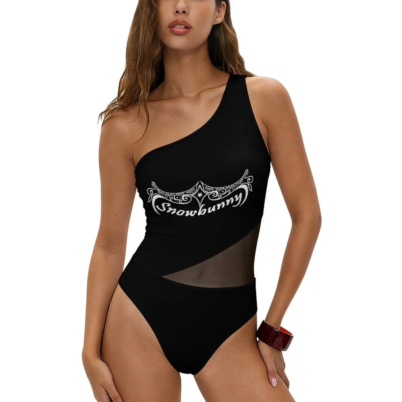 Women's One Piece Swimsuit One Shoulder Mesh Bathing Suit Tummy Control Swimwear