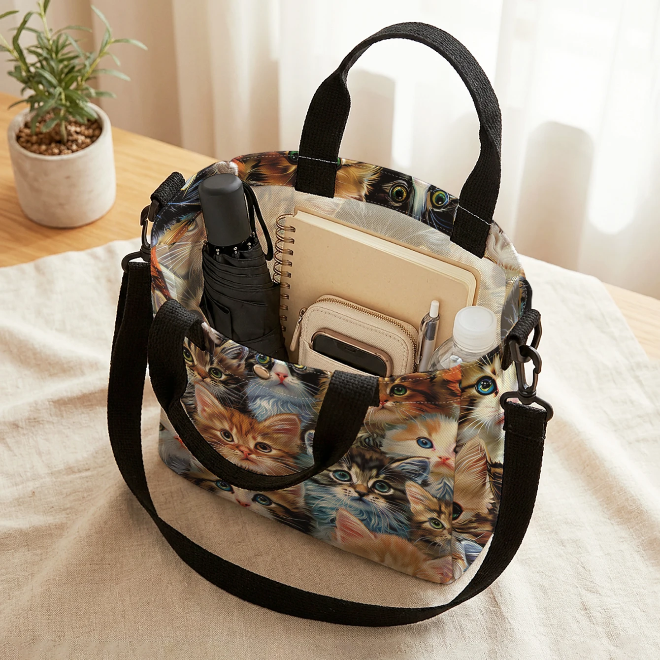 Kitten Print Canvas Tote Bag Detachable Crossbody Strap Handbag Magnetic Snap Shopping Storage Bag