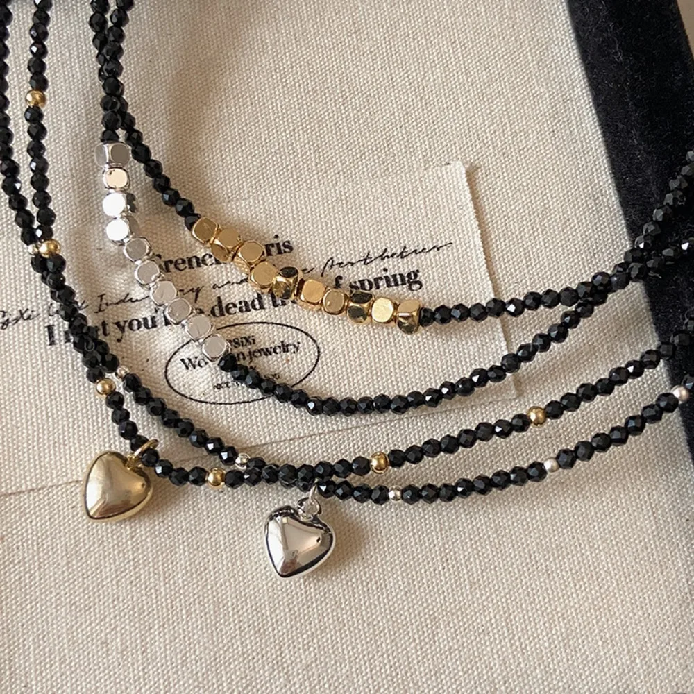 Personality Charm Fashion Black Stone Beaded Heart Pendant Necklace for Women Retro Geometric Block Collar Jewelry Accessories