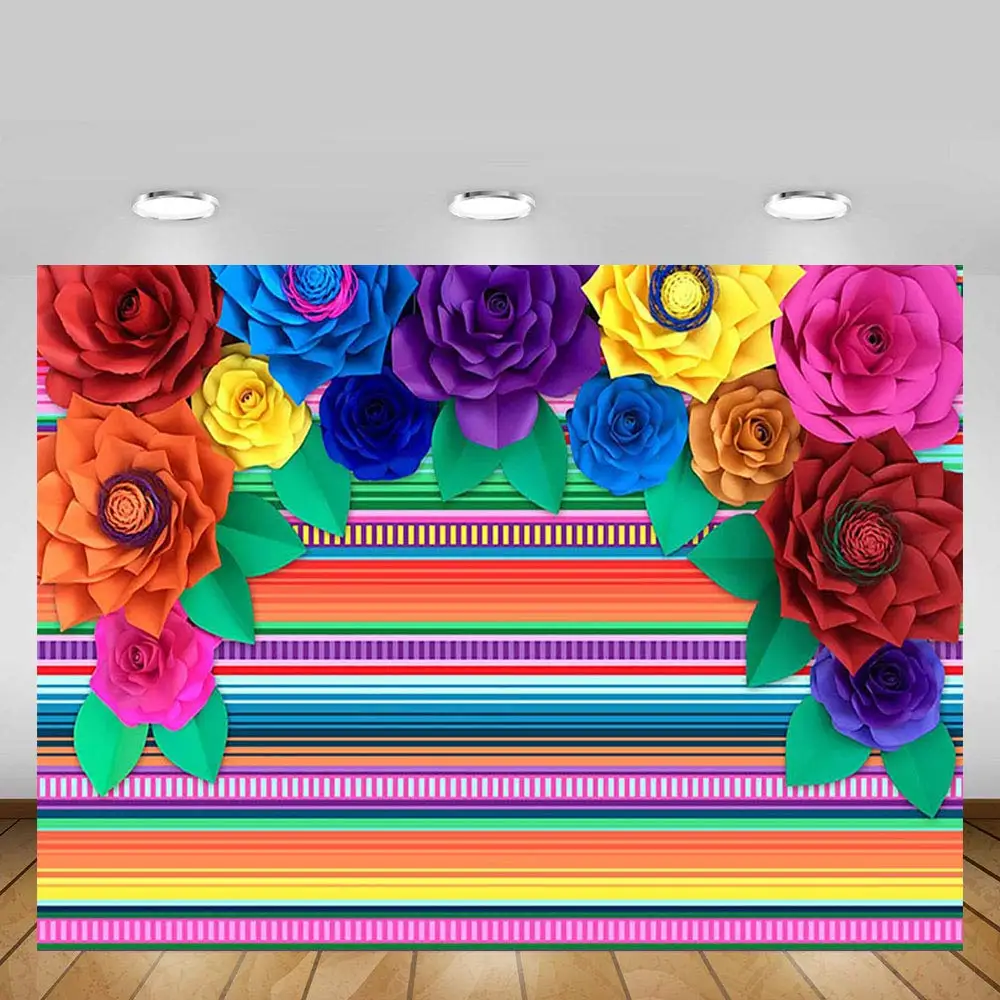 เม็กซิกันฉากหลัง Fiesta Party ดอกไม้หมวกลาย Carnival ถ่ายภาพพื้นหลัง Grad แบนเนอร์ตกแต่ง