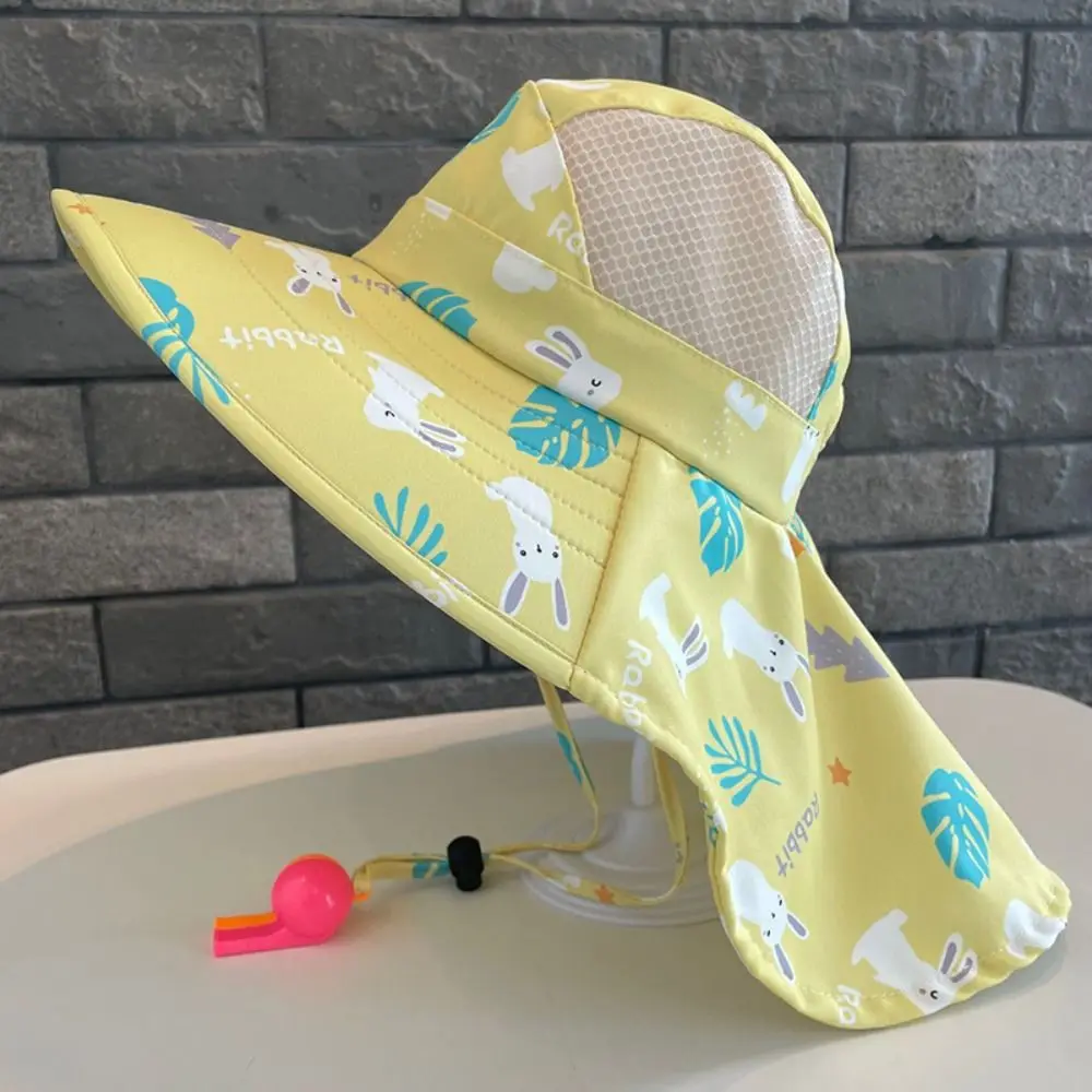 

Bucket Cap Summer Baby Hat With Whistle Wide Brim Children's Sunscreen Hat Neck Ear Cover Anti UV Beach Caps Outdoor Sports