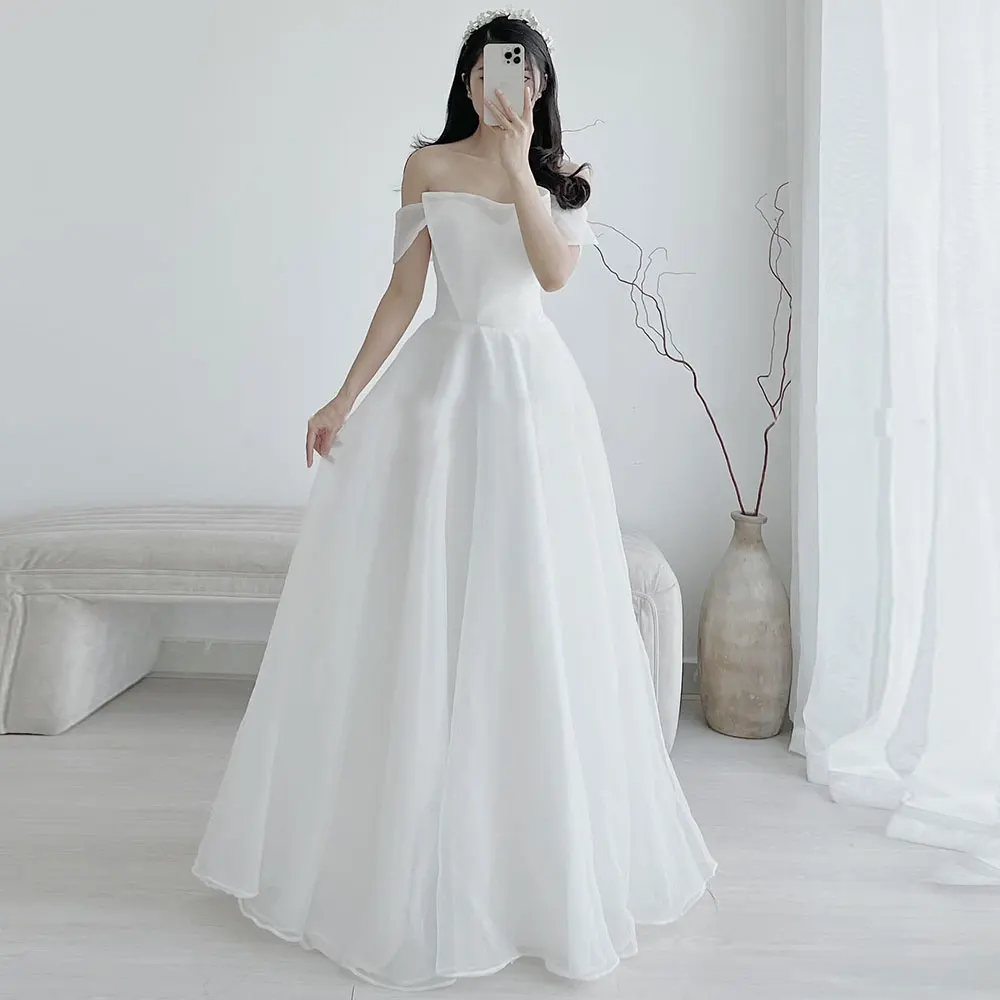 Elegant A-Line Wedding Dress Off The Shoulder Draped Organza Simple Floor Length 2023 New Strapless Customized Bata Novia Boda