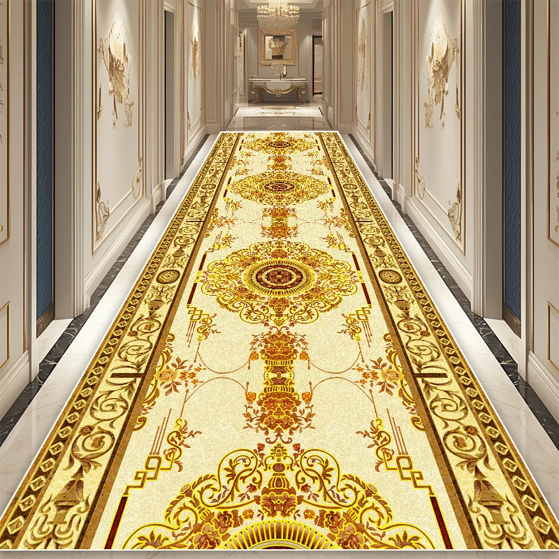 Nordic Luxury golden Long Corridor carpets villa hall non-slip washable runners rugs European Style hotel Aisle mat customizable