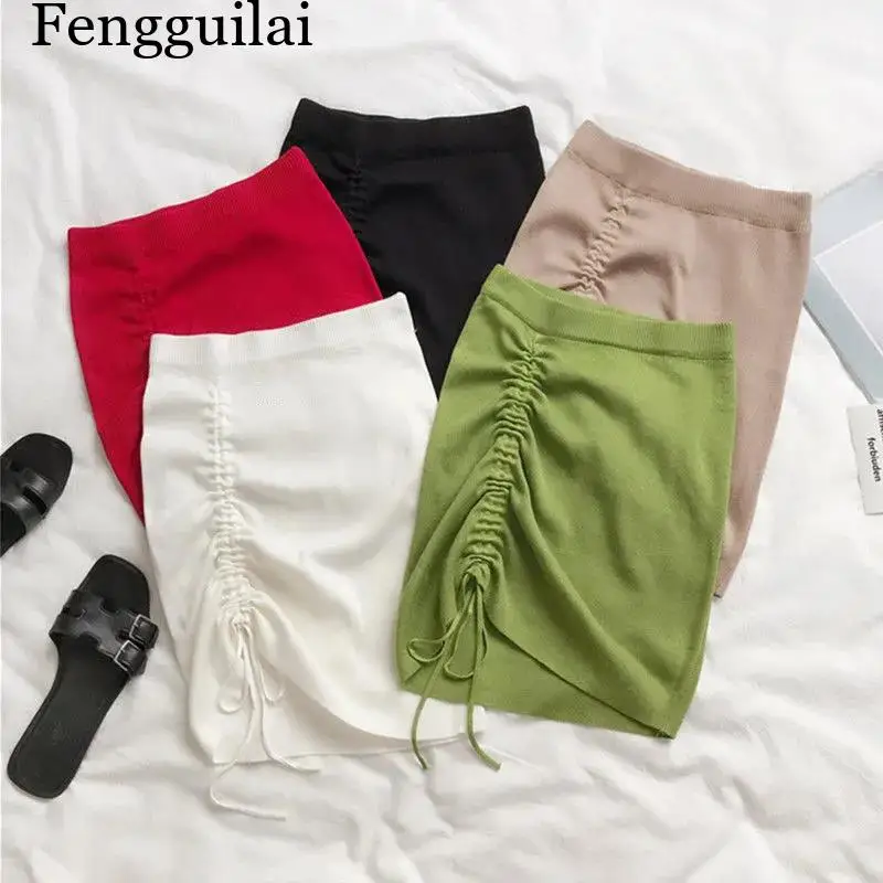 White High Waist Stretch Side Drawstring Skirt Women Club Slim knitted Short Skirt Sexy All-match Fashion Mini Skirt Black