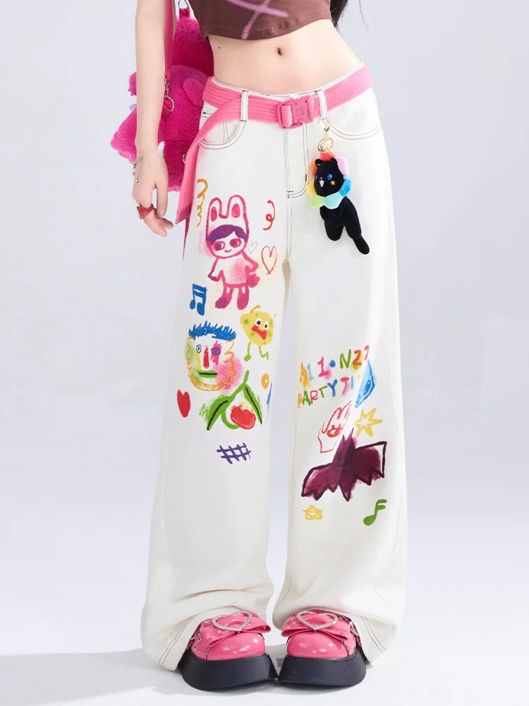 

Белые широкие брюки женские летние Multi Baume мультфильм Hand Dn принт свободные прямые джинсы с высокой талией джинсовая повседневная одежда с высокой талией