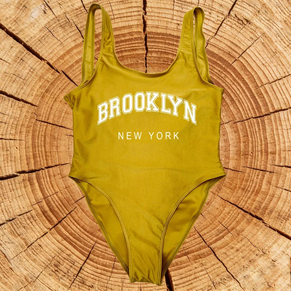S-3XL BROOKLYN Print One Piece Swimsuit For Women Retro Lady Swimwear Female Backless Monokini Plus Size Bathing Suits