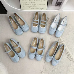 Blue Flats Mary Janes Shoes Women Spring Autumn Casual Buckle Strap Loafers Elegant Bow Tie Ballets Ladies Shoes Footwear New