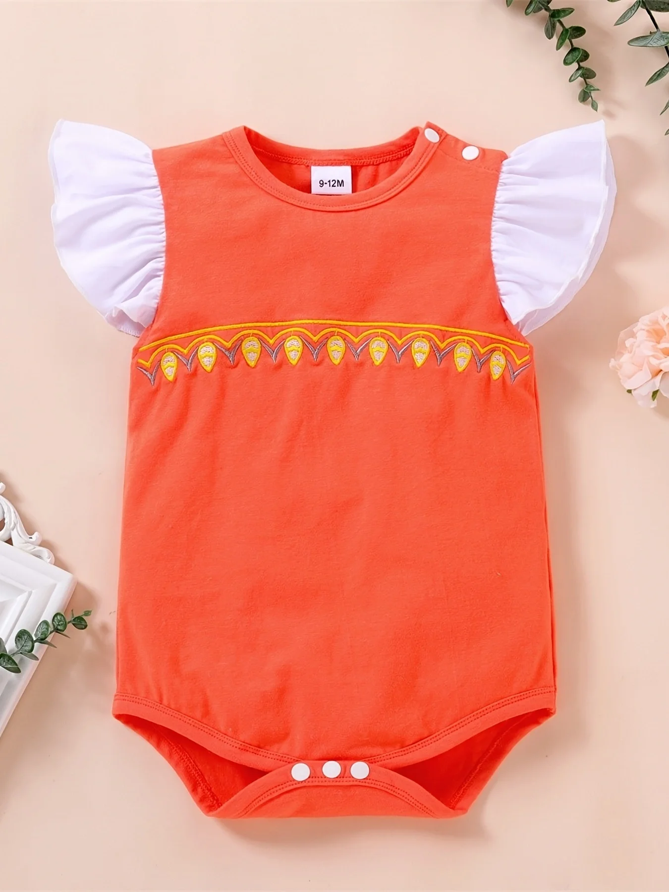 Baby Orange Embroidered Flying Sleeve Bib Overalls Ethnic Summer Crawling Suit Infant Clothing Comfortable Soft Fabric