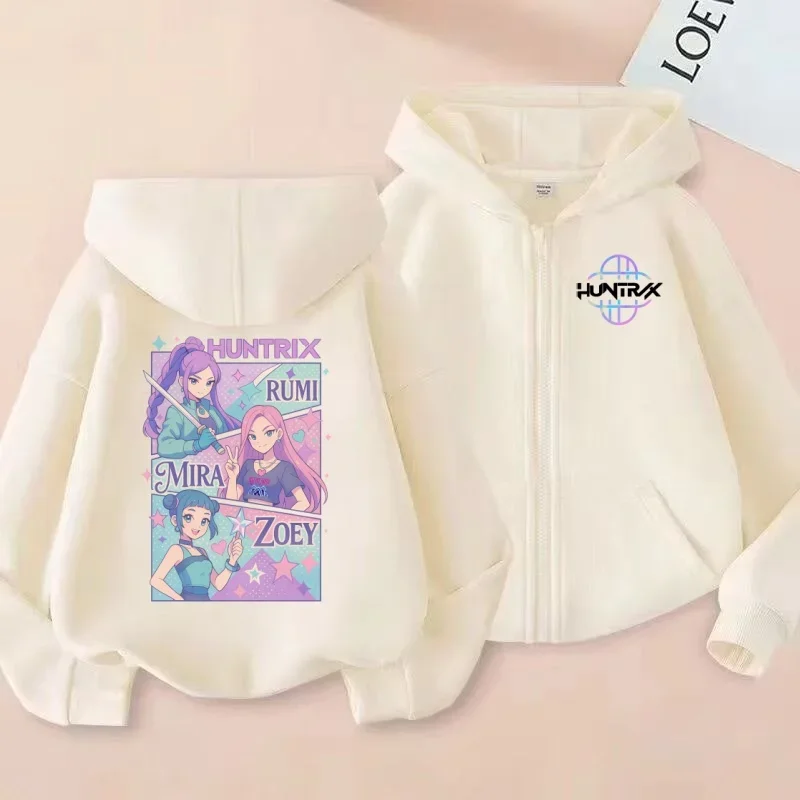 سترة KPOP Demon Hunters Huntrix RUMI/MIRA/ZOEY Trio مطبوعة للأطفال بسحاب، بلوزة عصرية وجذابة