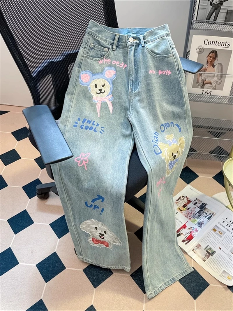 

American retro graffiti puppy jeans, chubby girls oversized loose design, high waist straight leg wide leg long pants oversized