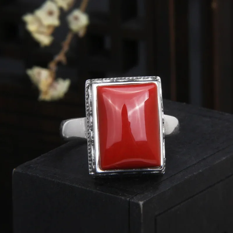 Ethnic Style 925 Silver Vintage Fashion South Red Tourmaline Geometric Square Rings for Women Neutral Style Ring Banquet Jewelry