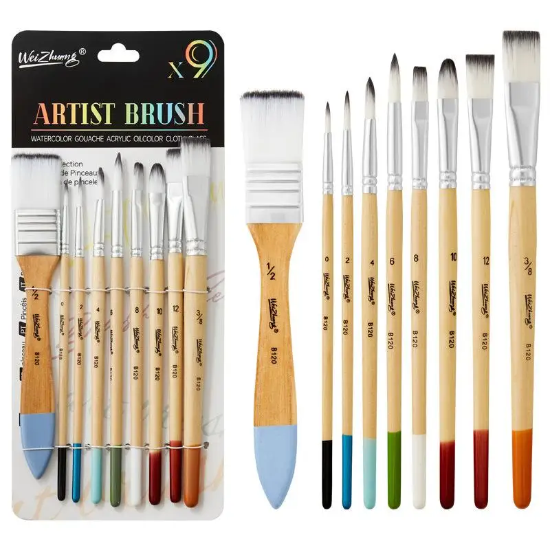 9pcs Watercolor Acrylic Oil Painting Brushes Set Nylon Hair for Canvas Beginner Artist Tools Art Supplies
